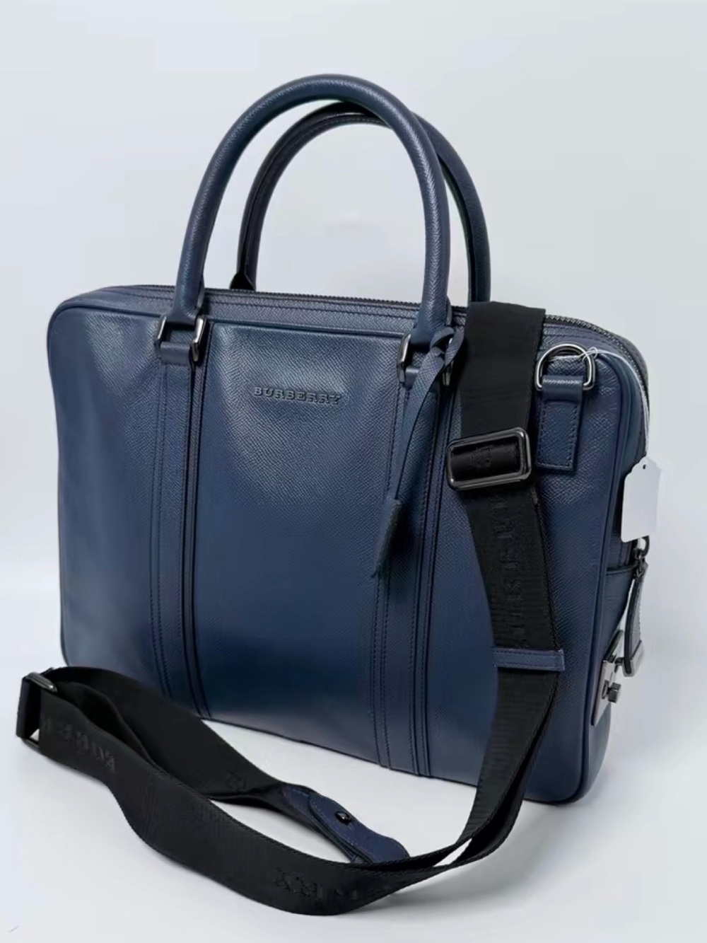 Burberry Navy Leather Laptop Briefcase with Black Detachable Strap